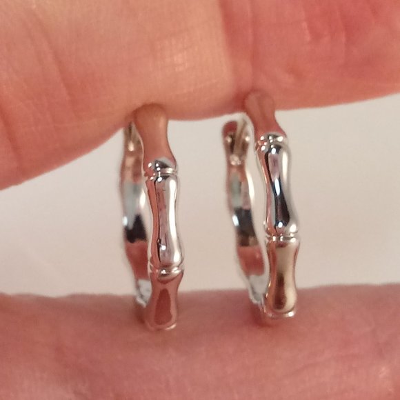 925 Silver Bamboo Bone Carved Shape Hoop Earrings 18mm Women's Party Gift - Picture 3 of 4